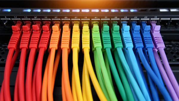 Organized multi-colored network cabling on a patch panel by DKs Enterprises LTD.