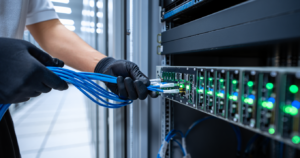 IT technician installing network cables for DKs Enterprises LTD.