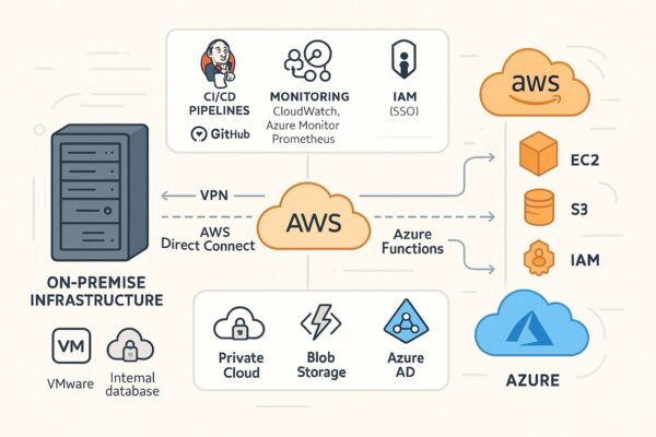 Hybrid cloud infrastructure diagram showing on-premise VMware servers integrated with AWS and Microsoft Azure services.