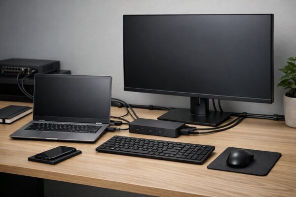Business workstation with laptop, docking station, monitor, and office IT setup