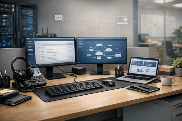 Managed IT support workspace with business phone, headset, dual monitors, and cloud infrastructure dashboard