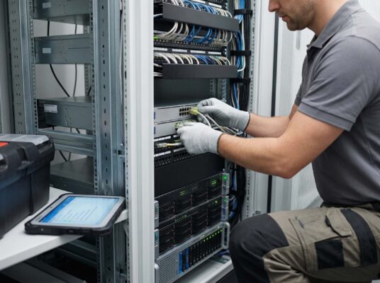 IT technician installing network cabling and server hardware in a business server rack