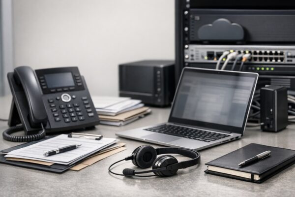 Business IT support desk with VoIP phone, laptop, headset, and network infrastructure