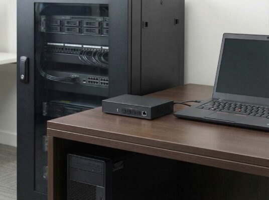 Business IT workstation with laptop, network appliance, and server rack infrastructure