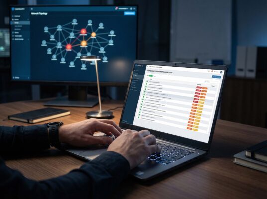 IT professional reviewing cybersecurity vulnerabilities and network topology on a laptop and monitor