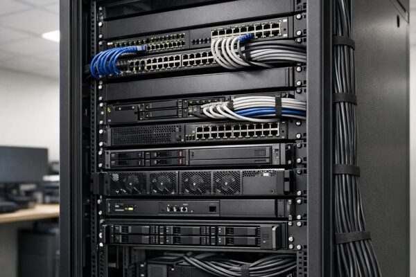 Server rack with network switches, structured cabling, and business IT infrastructure in Inwood, NY