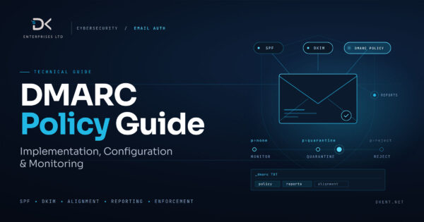 Dark blue abstract cybersecurity-themed image with a glowing digital email envelope and flowing light trails, created for a DMARC policy guide about email authentication, domain protection, SPF, DKIM, monitoring, and enforcement.